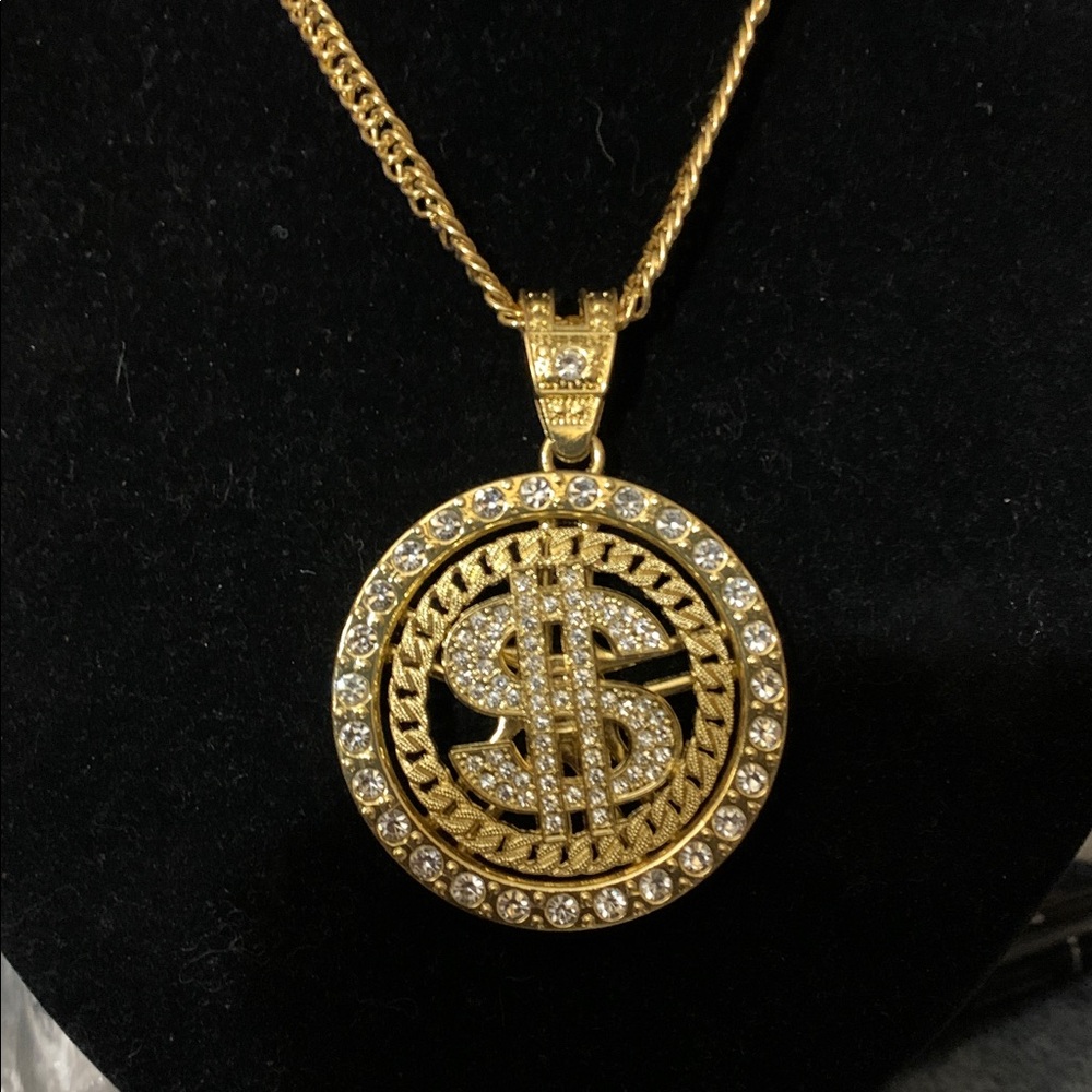 Gold Tone Hip-Hop Iced Dollar Sign Crystal Rotating Pendant 26-inch women & men